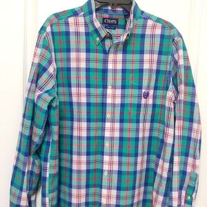 CHAPS  Green/Blue Classic Button Front Plaid Shirt. Size Large